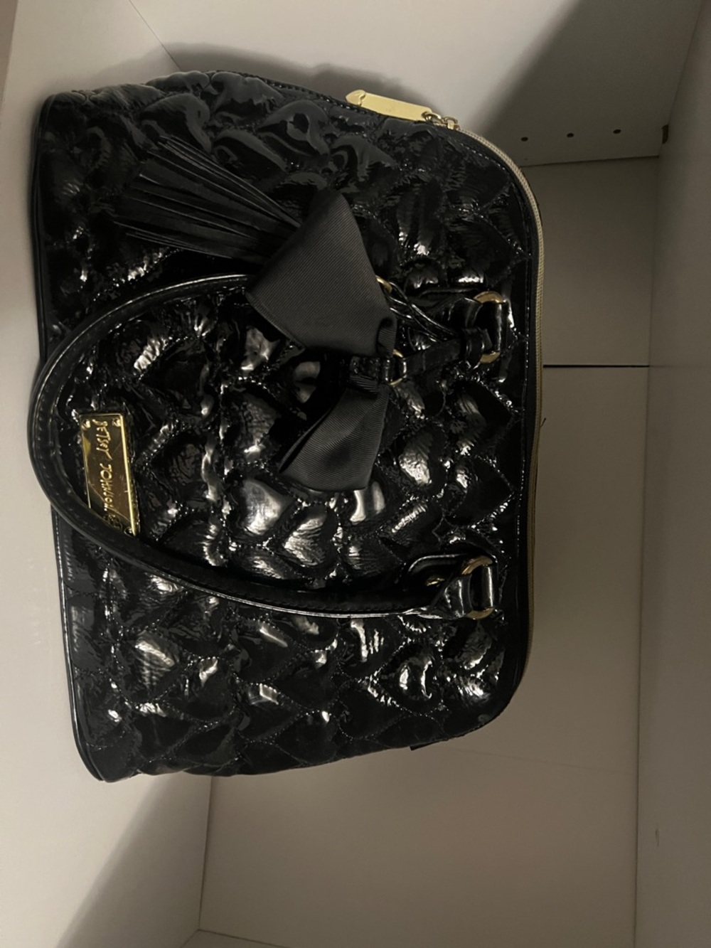 Women’s Black Quilted Patent Bow Tote Bag